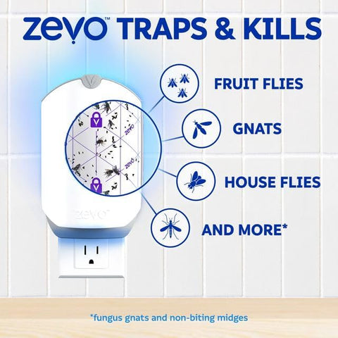 Zevo 2 Flying Insect Traps & 2 Refill Cartridges - Plug in Fly Trap & Indoor Bug Catcher for Gnats, House & Fruit Flies - Blue & UV Light Technology, Mess-Free Alternative to Bug Zapper