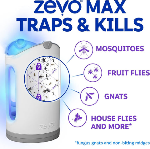 Zevo MAX Bug Catcher & Fly Trap for Indoors - Flying Insect Trap for Gnats, House & Fruit Flies - Use in Any Room - No-Mess Disposal (1 Plug in Base & 2 Cartridges)
