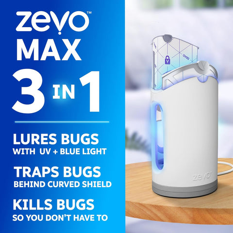 Zevo MAX Bug Catcher & Fly Trap for Indoors - Flying Insect Trap for Gnats, House & Fruit Flies - Use in Any Room - No-Mess Disposal (1 Plug in Base & 2 Cartridges)
