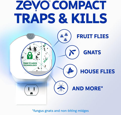 Zevo Compact Flying Insect Trap Kit with Refill Cartridges - Plug-in Indoor Bug Catcher for Gnats, House & Fruit Flies - Blue + UV Light Technology, No Odor, No Mess (1 Plug-in Device + 3 Cartridges)