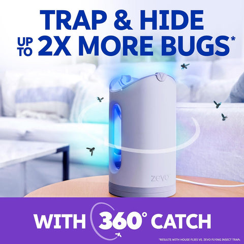 Zevo MAX Bug Catcher & Fly Trap for Indoors - Flying Insect Trap for Gnats, House & Fruit Flies - Use in Any Room - No-Mess Disposal (1 Plug in Base & 2 Cartridges)