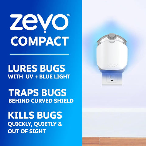 Zevo Compact Flying Insect Trap Kit with Refill Cartridges - Plug-in Indoor Bug Catcher for Gnats, House & Fruit Flies - Blue + UV Light Technology, No Odor, No Mess (1 Plug-in Device + 3 Cartridges)