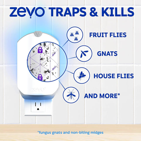 Zevo 4 Flying Insect Traps & 4 Cartridges - Plug In Fly Trap & Indoor Bug Catcher for Gnats, House & Fruit Flies - Mess-Free - Use in Any Room - Uses Blue & UV Light (4 Plug In Devices & 4 Cartridges)