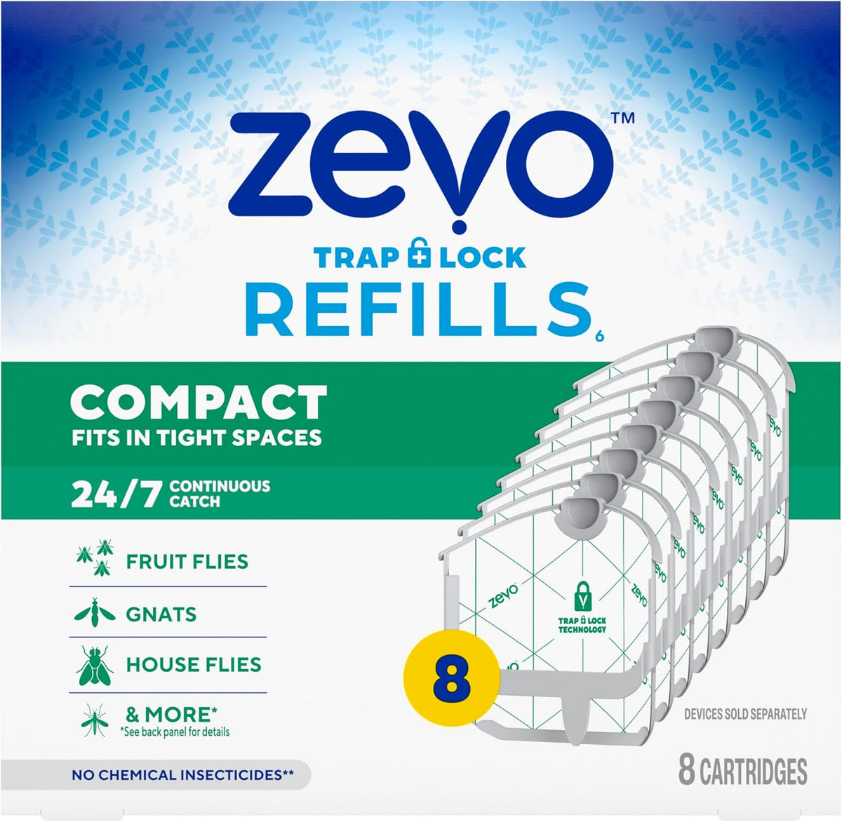 Zevo Compact Flying Insect Trap Official Refill Cartridges - Fits Zevo Compact & Plant Indoor Plug-in Trap, Authentic Trap + Lock Technology to Catch Gnats, House & Fruit Flies (8 Official Refills)