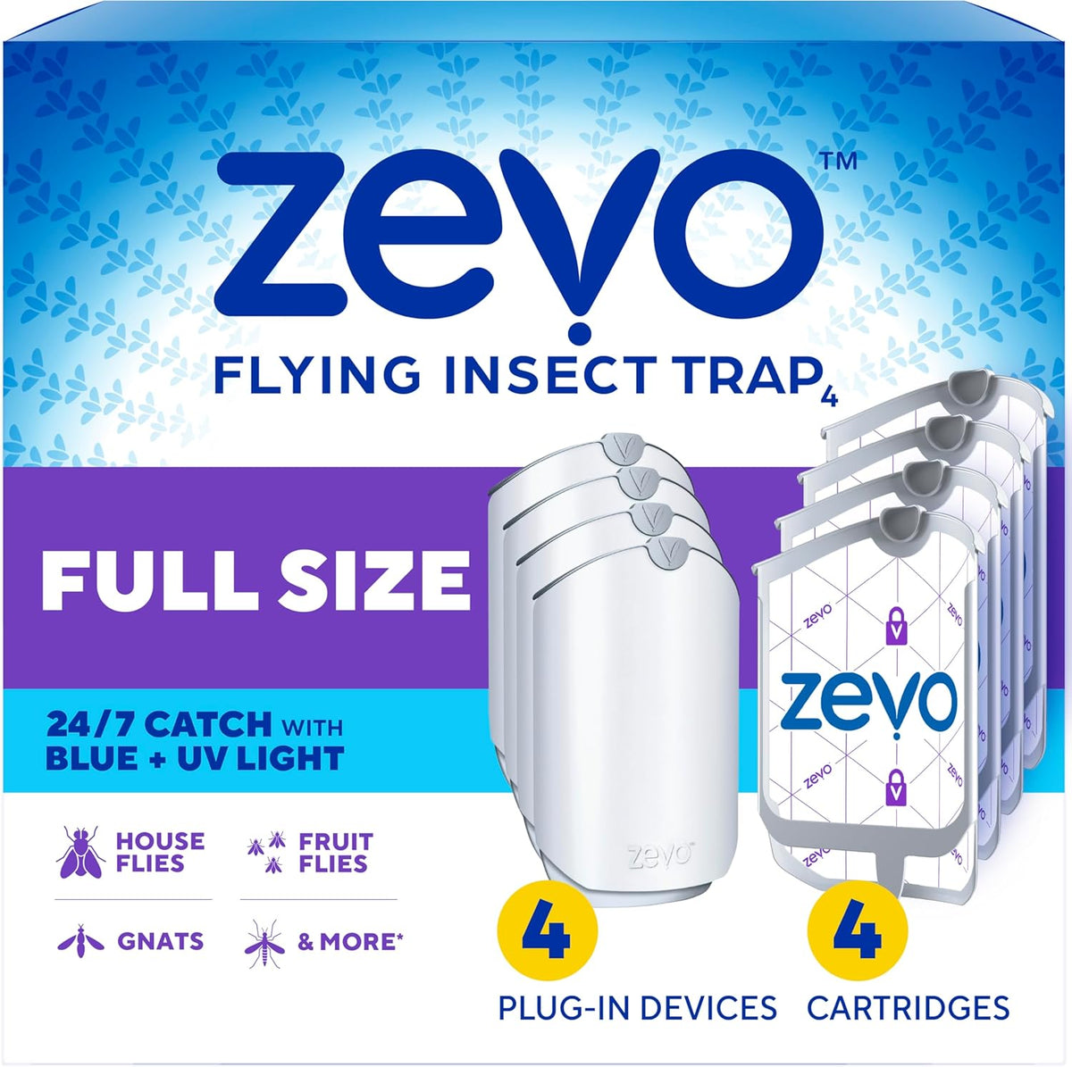 Zevo 4 Flying Insect Traps & 4 Cartridges - Plug In Fly Trap & Indoor Bug Catcher for Gnats, House & Fruit Flies - Mess-Free - Use in Any Room - Uses Blue & UV Light (4 Plug In Devices & 4 Cartridges)